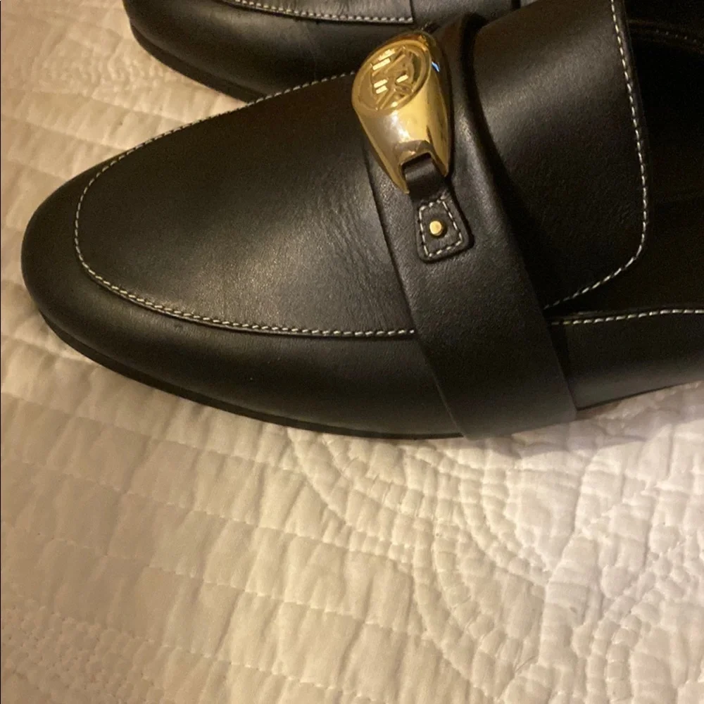 Michael Kors Black Leather Slip-On Loafers with Gold Accent